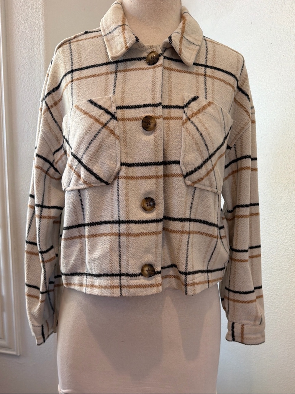 Shasa Cream Plaid Teddy Shacket Jacket - Women